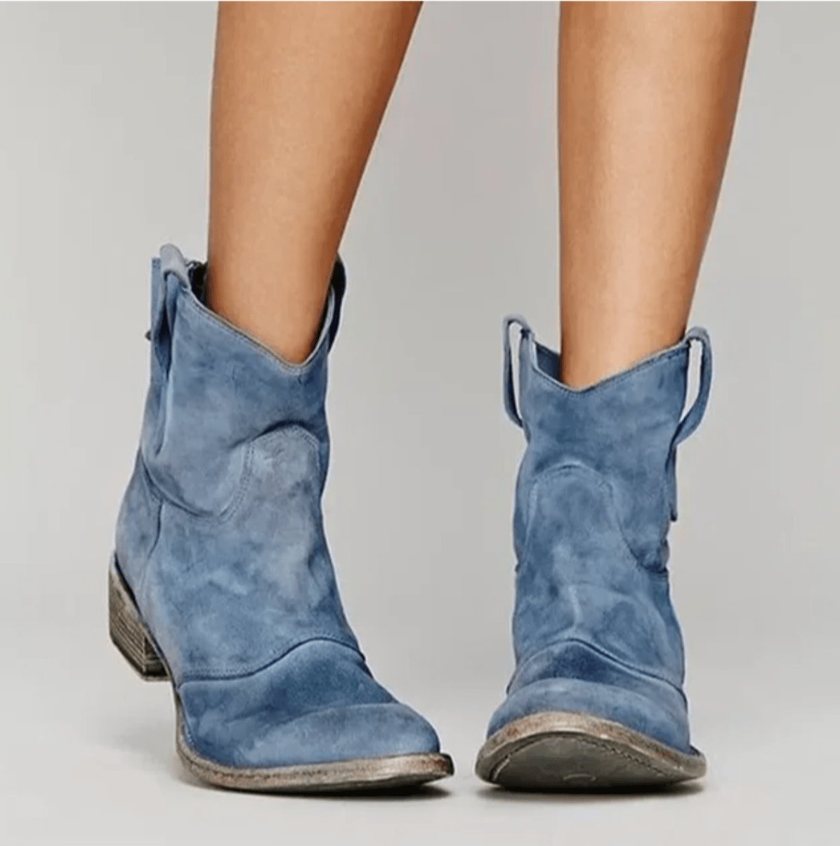 Suede Western Pull On Block Heel Ankle Boots