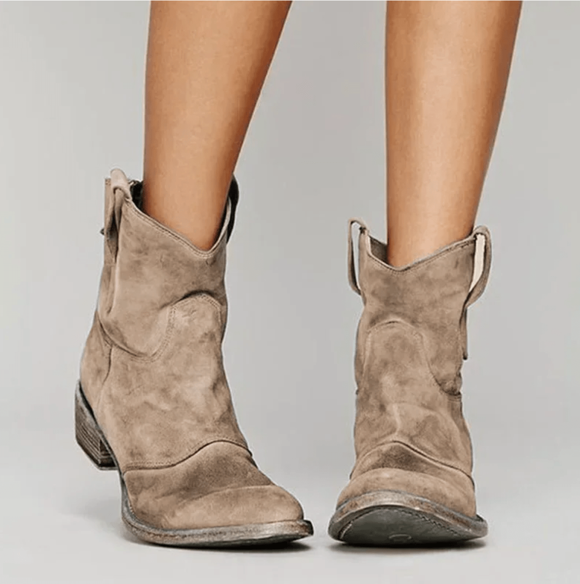 Suede Western Pull On Block Heel Ankle Boots