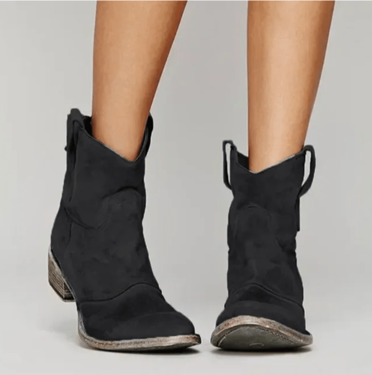 Suede Western Pull On Block Heel Ankle Boots