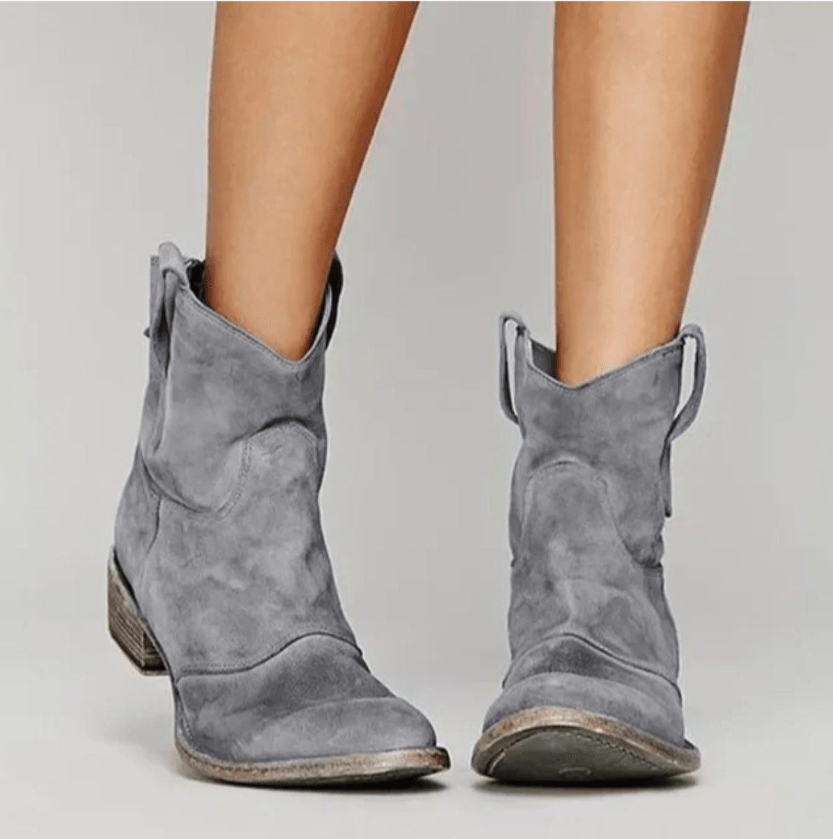 Suede Western Pull On Block Heel Ankle Boots