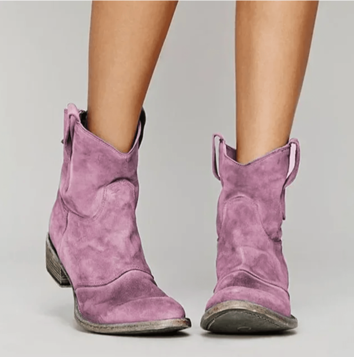 Suede Look Pointed Toe Block Heel Western Ankle Boots