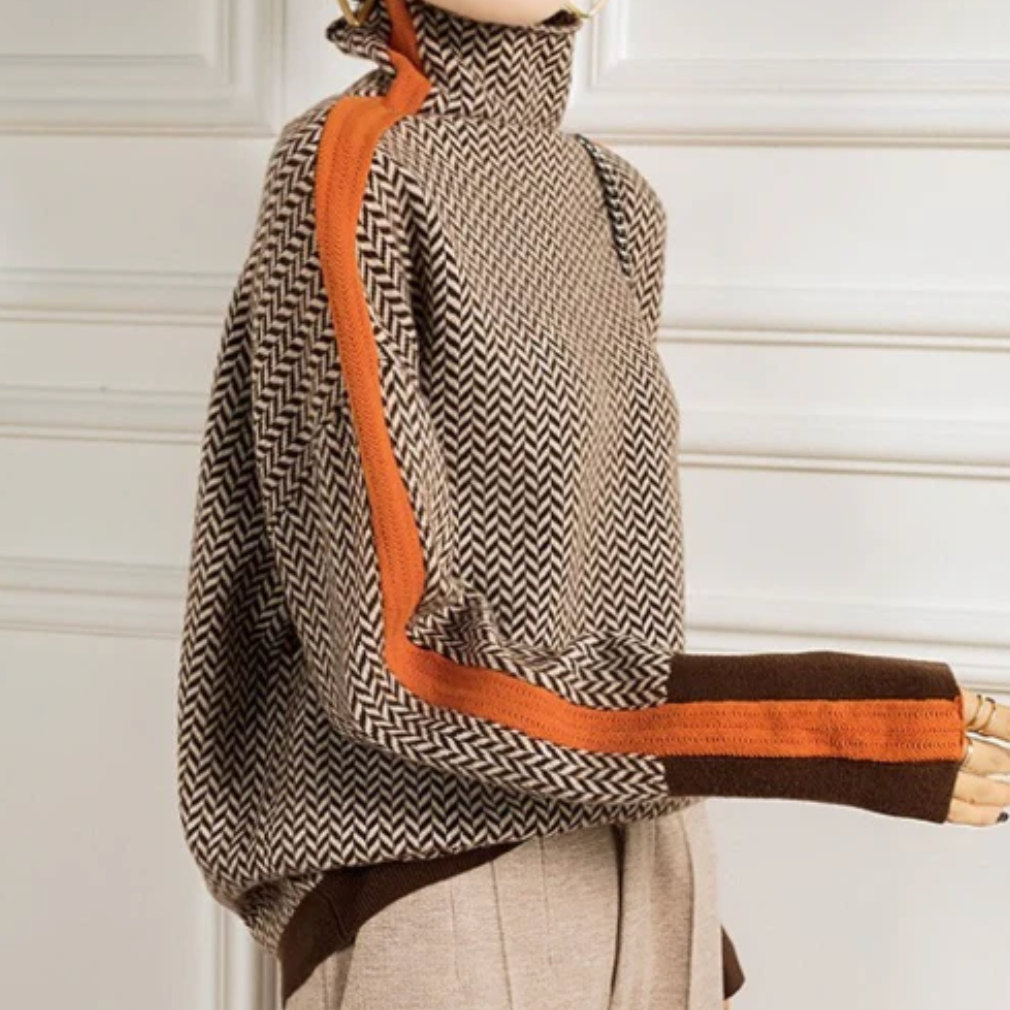 Herringbone Turtleneck Contrast Trim Oversized Sweater