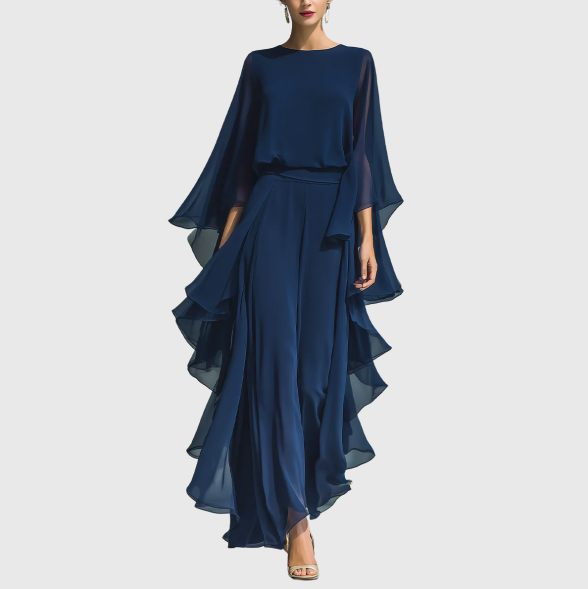 Round Neck Cape Sleeve Ruffle Wide Leg Jumpsuit