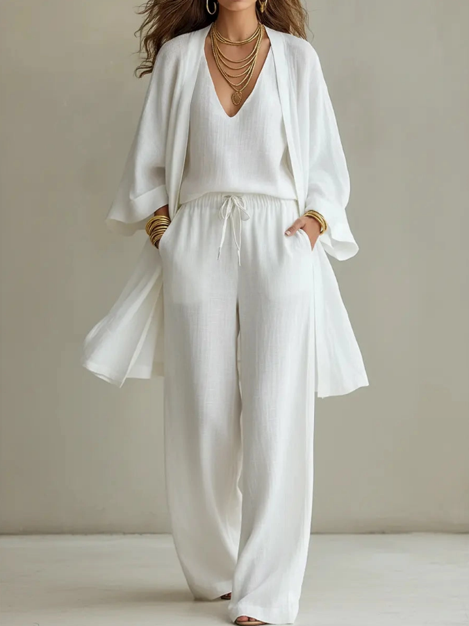 Open Front Robe Cami and Wide Leg Pants Three Piece Set