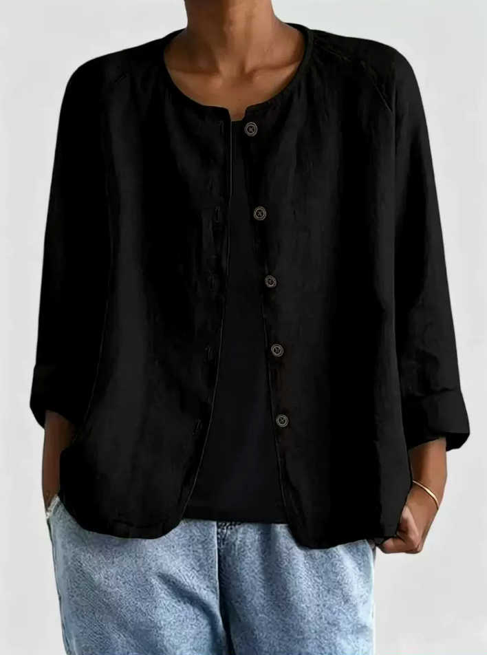 Round Neck Button Front Lightweight Collarless Jacket