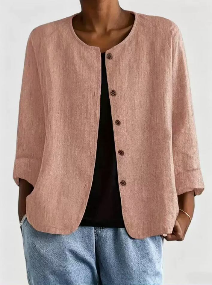 Round Neck Button Front Lightweight Collarless Jacket