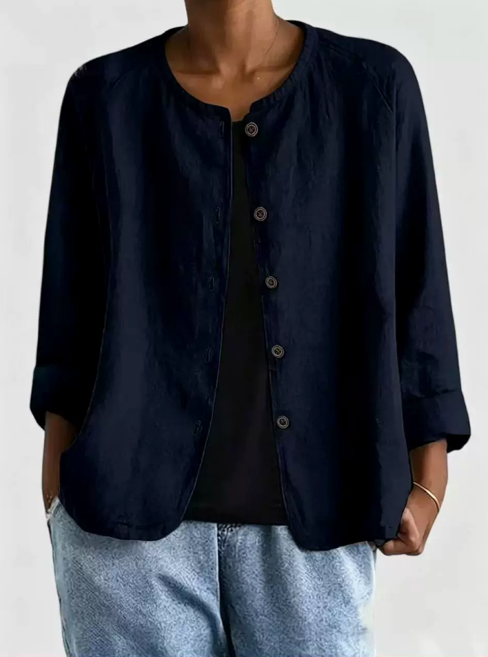 Round Neck Button Front Lightweight Collarless Jacket
