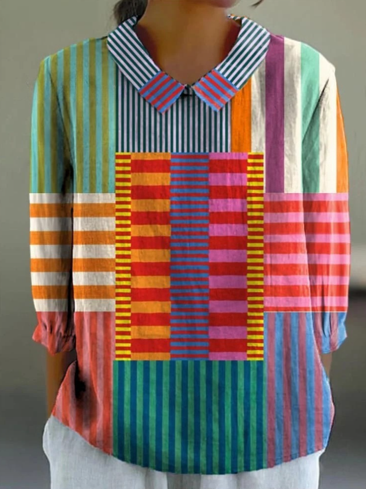 Colorblock Stripe Patchwork Collared Long Sleeve Shirt
