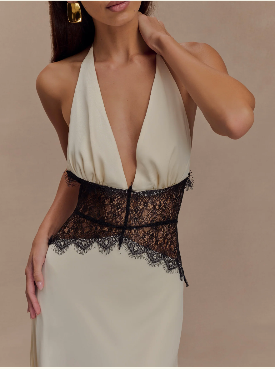Satin Halter Neck Deep V-Neck Lace Panel Waist Maxi Gown