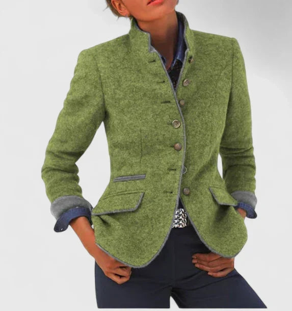 Stand Collar Contrast Trim Button Front Wool Blend Blazer