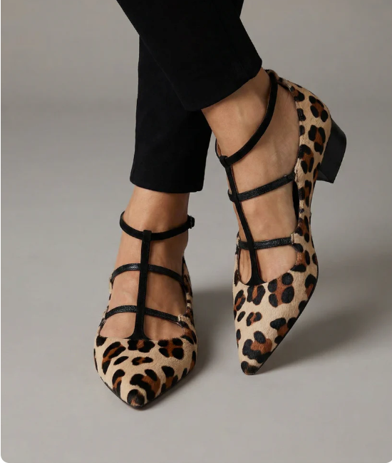 Leopard Print Pointed Toe Caged Strap Flats