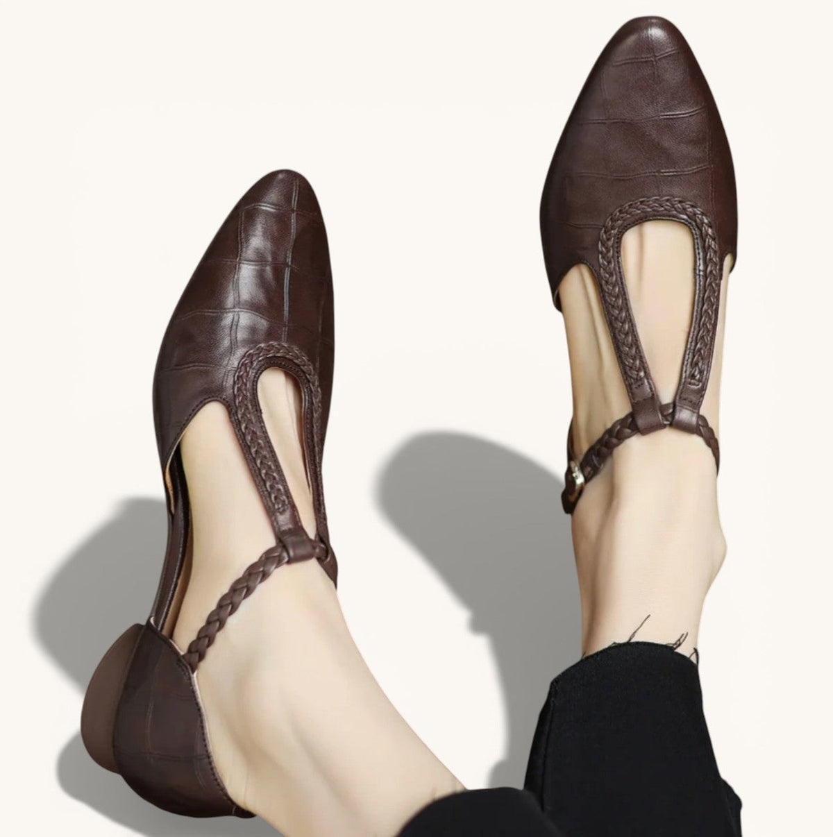 Pointed Toe Braided T-Strap Flats