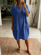 Short Sleeve Pocket Shift Midi Dress 2