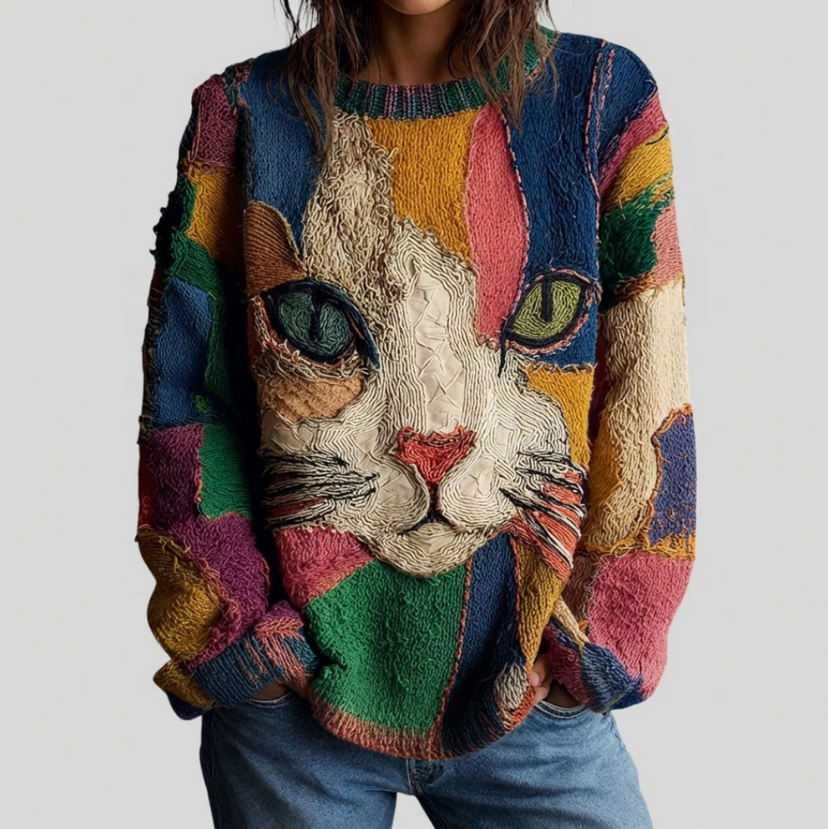 Cat Print Crew Neck Patchwork Knit Sweater