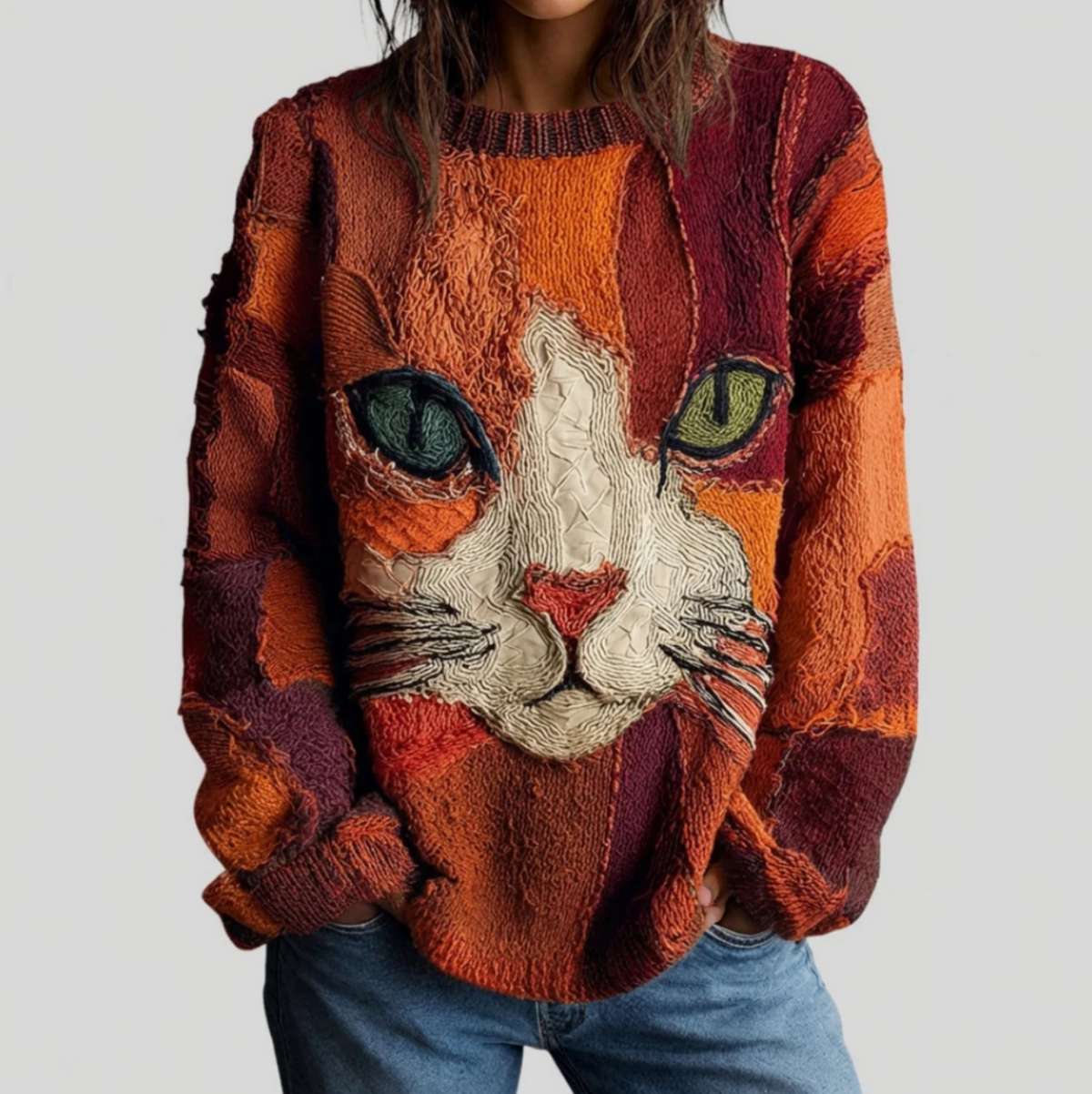 Cat Graphic Crew Neck Long Sleeve Knit Sweater