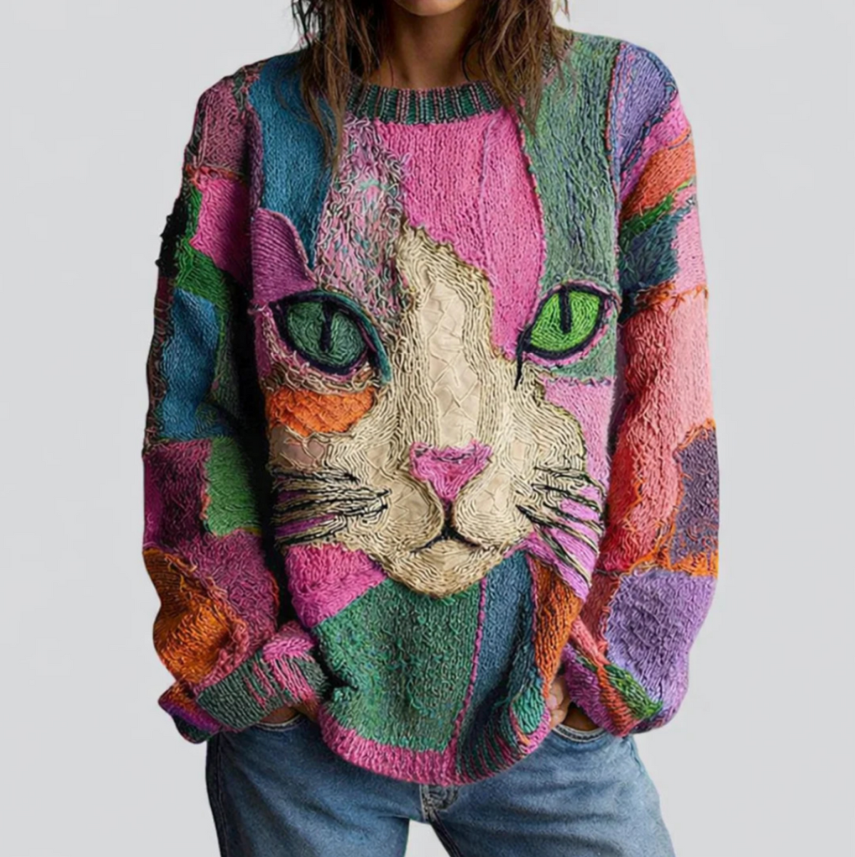 Crew Neck Long Sleeve Cat Print Knit Sweater