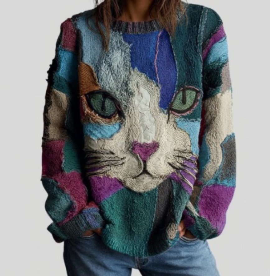 Crew Neck Long Sleeve Cat Print Knit Sweater
