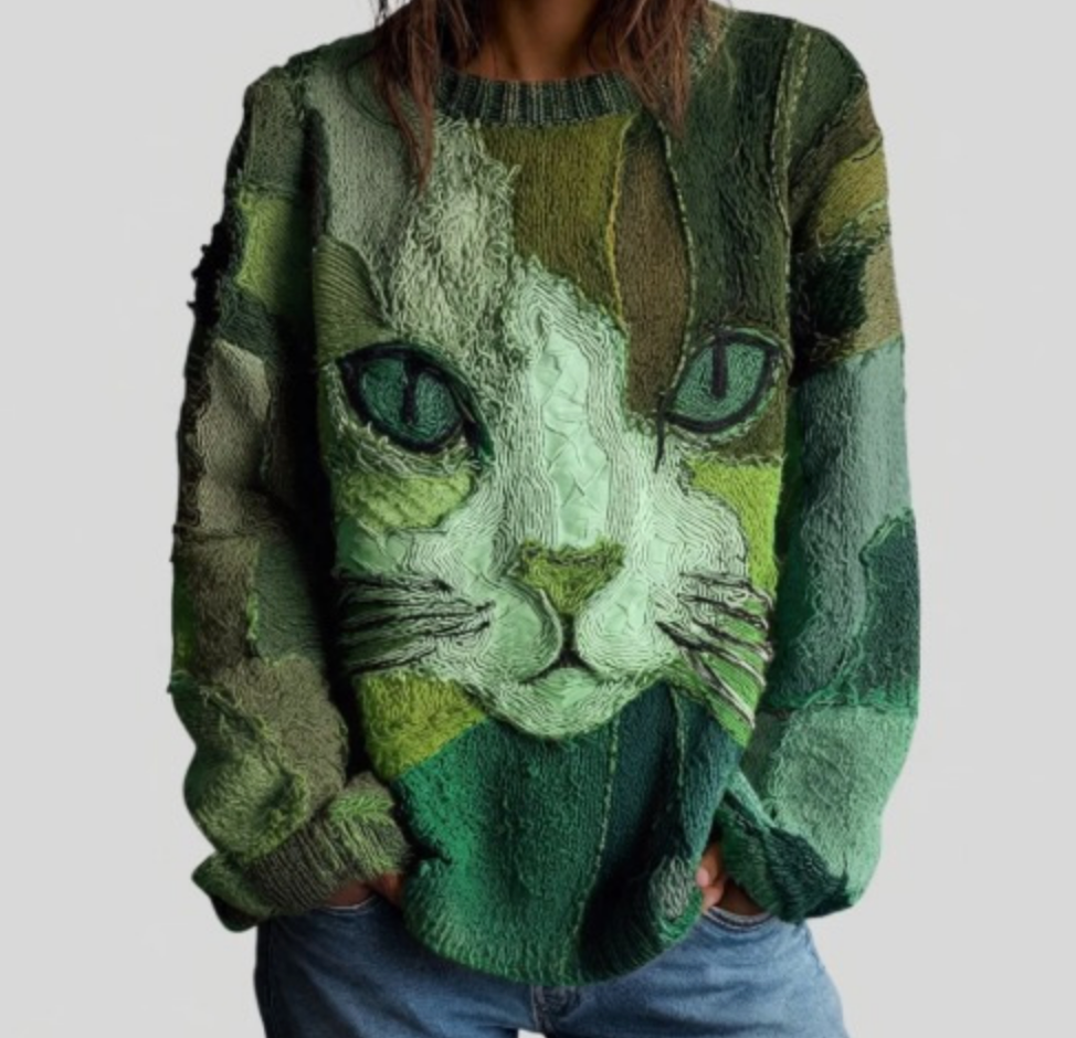 Crew Neck Long Sleeve Cat Print Knit Sweater