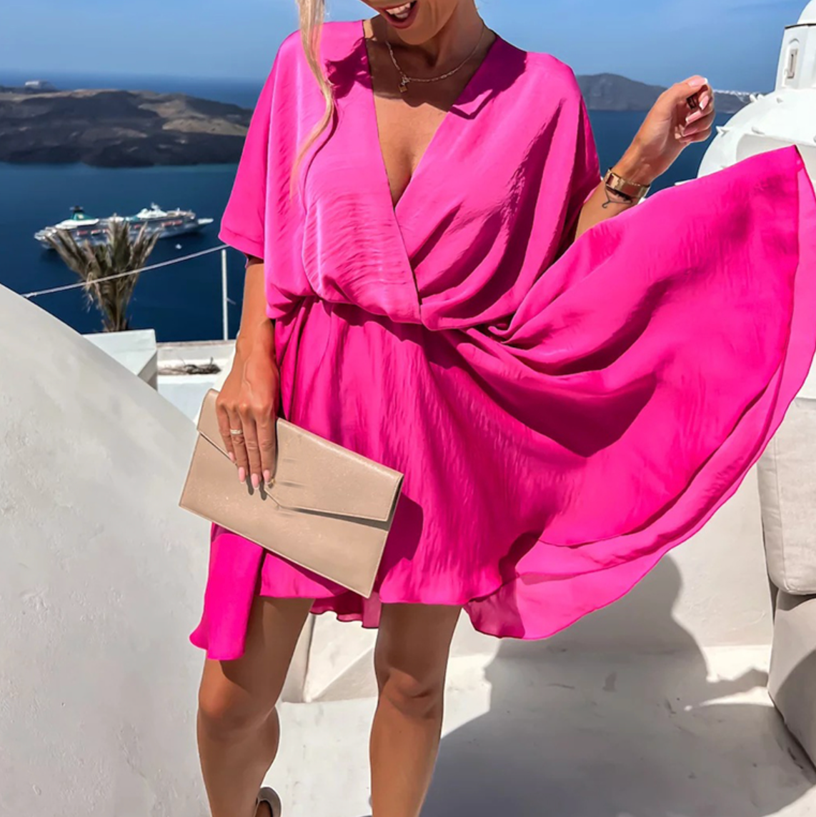 Satin Wrap V-Neck Batwing Sleeve Mini Dress 10