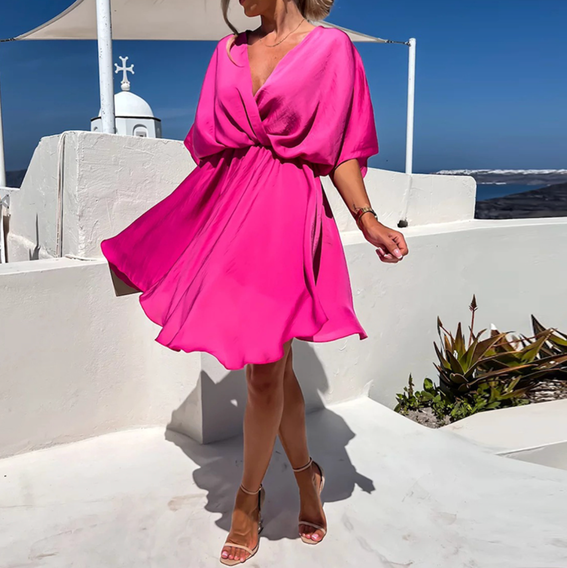 Satin Wrap V-Neck Batwing Sleeve Mini Dress 9