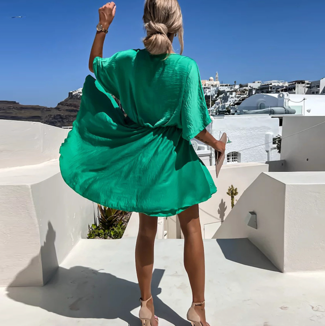 Satin Wrap V-Neck Batwing Sleeve Mini Dress 2