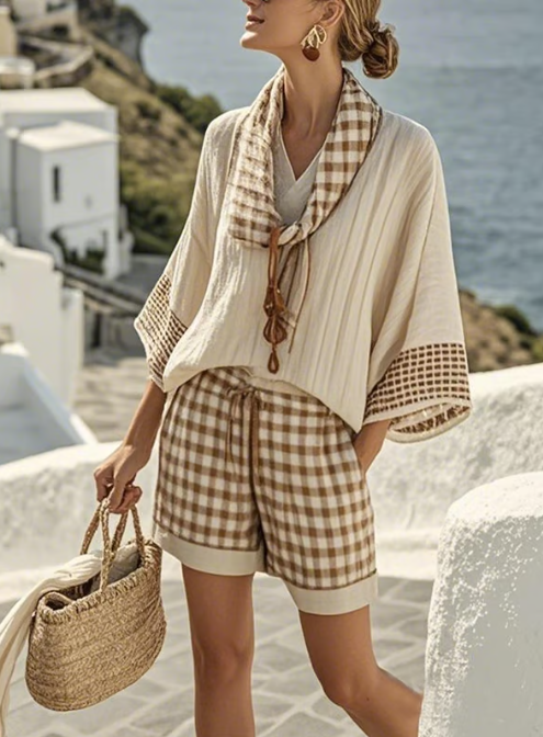 Batwing Sleeve Top and Gingham Shorts Two Piece Set