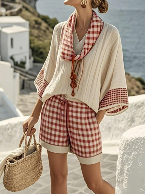 Batwing Sleeve Top and Gingham Shorts Two Piece Set