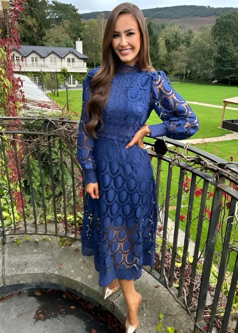 Lennon - Women's Stand Collar Hollow Out Long Dress Navy Blue