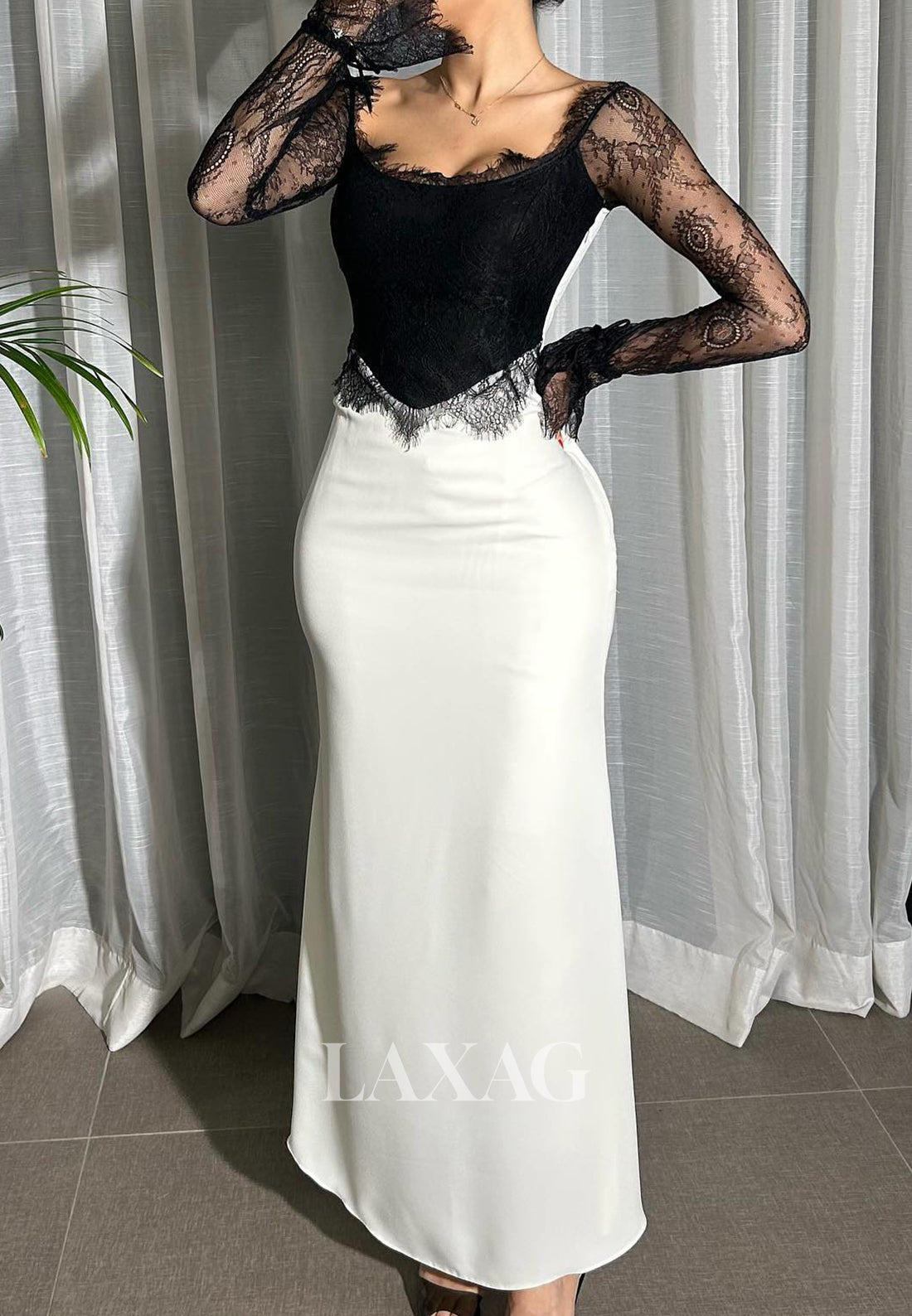 Scoop-Neck Two Tone Ankle-Length Formal Gowns Long-Sleeveless Lace&Satin Mermaid Evening Dress