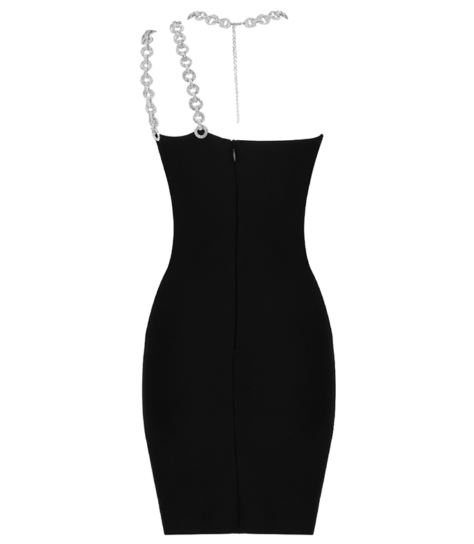 One Shoulder Chain Strap Trim Bandage Bodycon Mini Dress 17