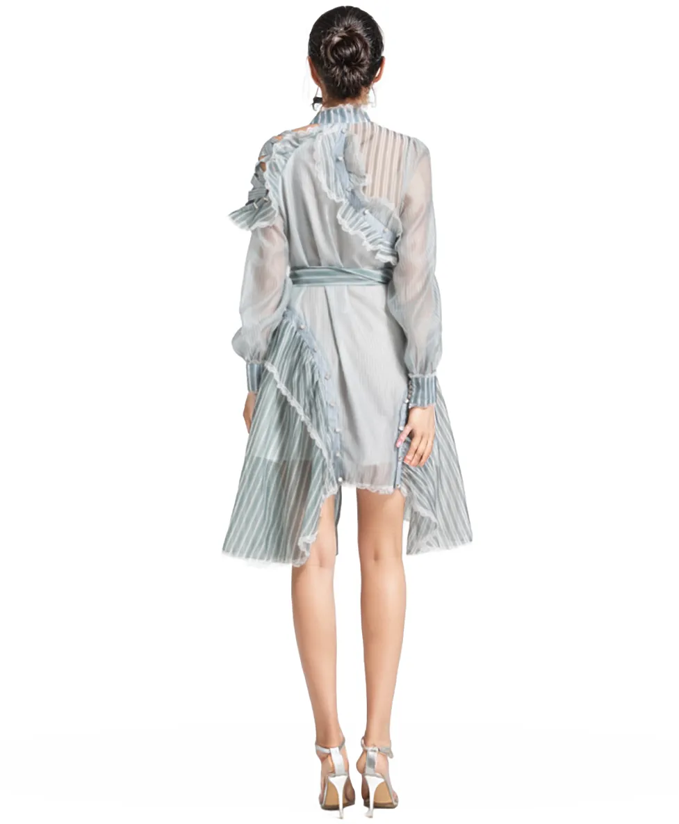 Striped Sheer High Neck Long Sleeve Ruffle Mini Dress 3