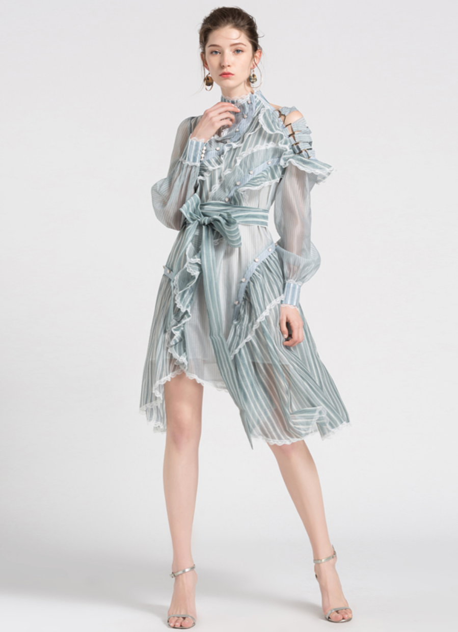 Striped Sheer High Neck Long Sleeve Ruffle Mini Dress 2