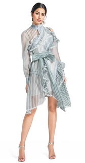 Striped Sheer High Neck Long Sleeve Ruffle Mini Dress
