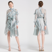 Striped Sheer High Neck Long Sleeve Ruffle Mini Dress 4