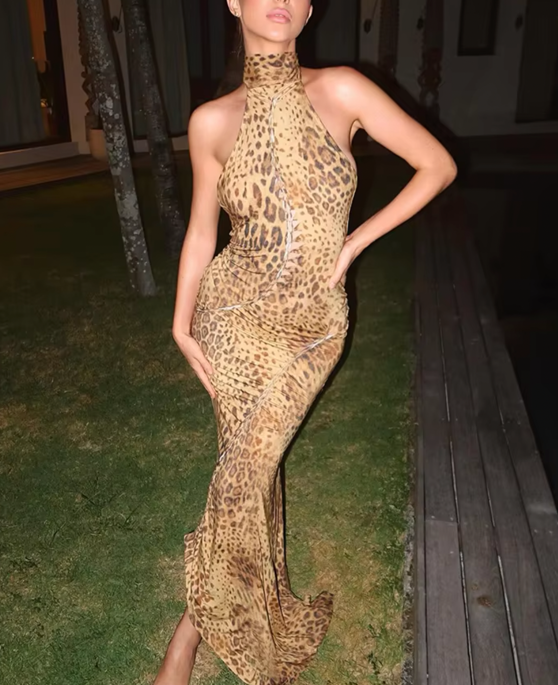 Leopard Print High Neck Backless Maxi Dress