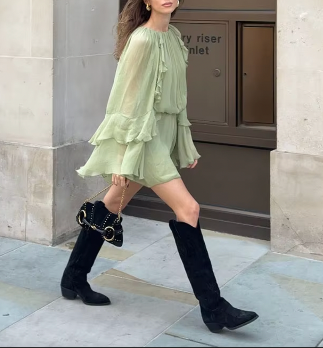 Chiffon Round Neck Long Sleeve Tiered Ruffle Mini Dress