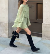 Chiffon Round Neck Long Sleeve Tiered Ruffle Mini Dress