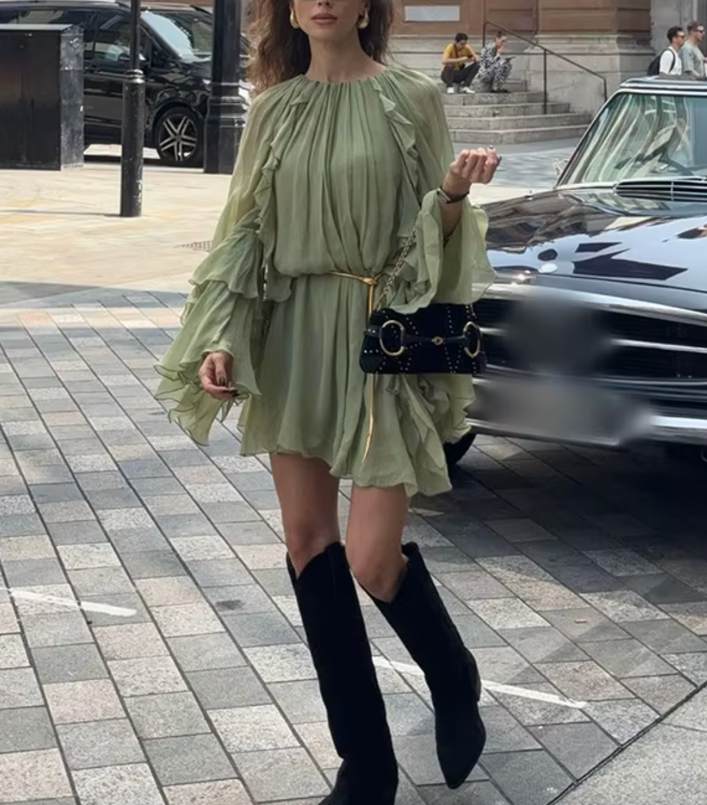 Chiffon Round Neck Long Sleeve Tiered Ruffle Mini Dress 5