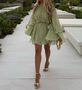 Chiffon Round Neck Long Sleeve Tiered Ruffle Mini Dress 4