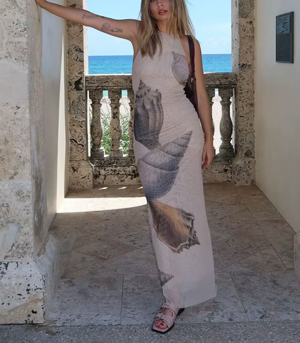 Seashell Print High Neck Bodycon Maxi Dress