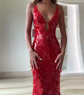 Sequin Deep V-Neck Cut Out Bodycon Maxi Dress