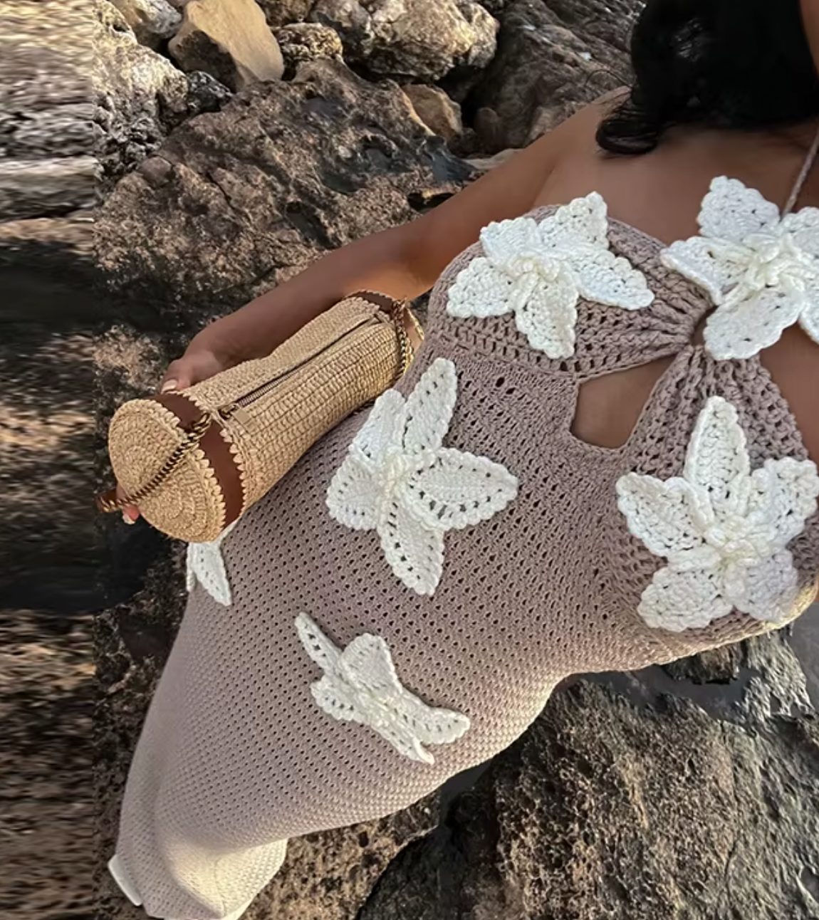 Crochet Knit Halter Neck Floral Appliqué Maxi Dress 2