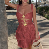 Glitter Square Neck Cut Out Tiered Ruffle Mini Dress