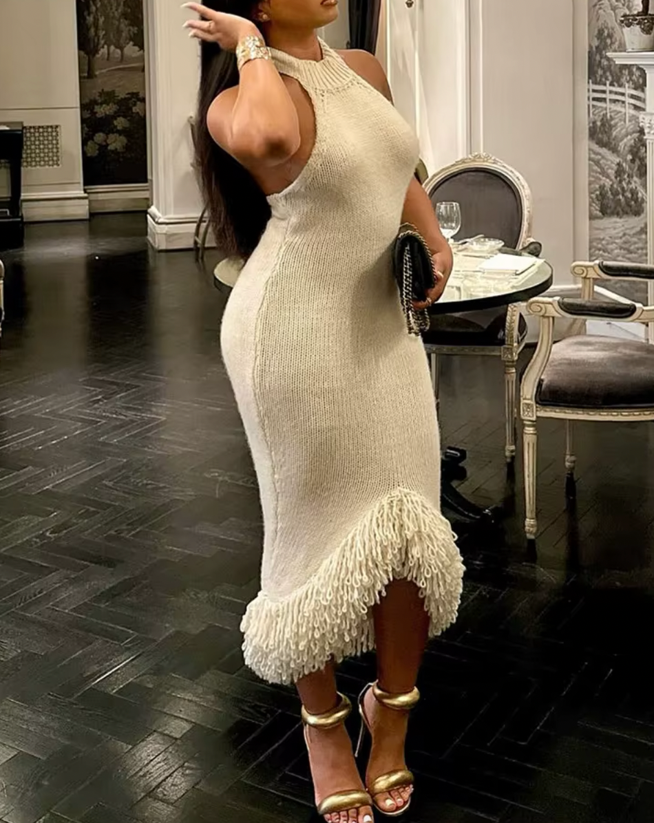 Knit Halter Neck Fringe Bodycon Midi Dress 2