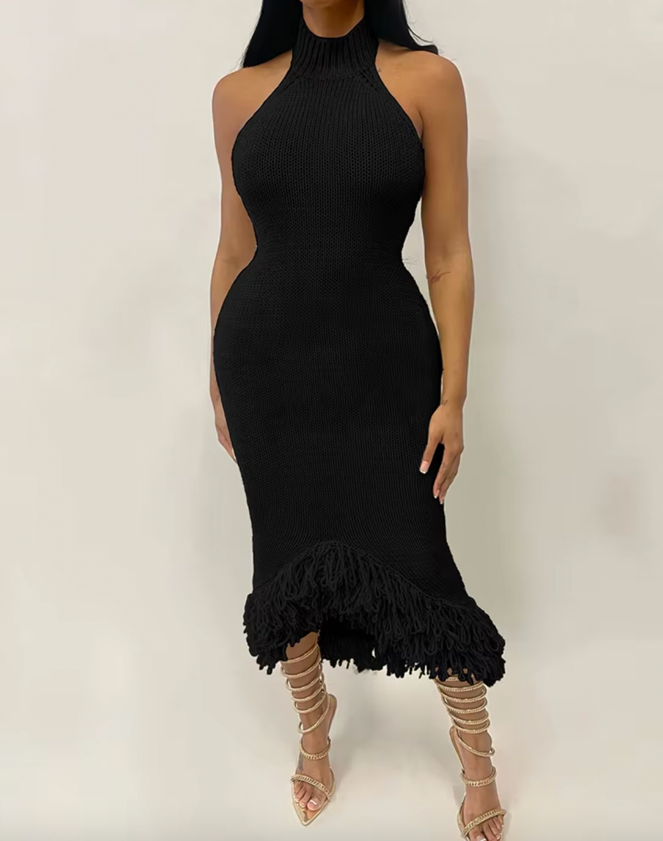 Knit Halter Neck Fringe Bodycon Midi Dress 4