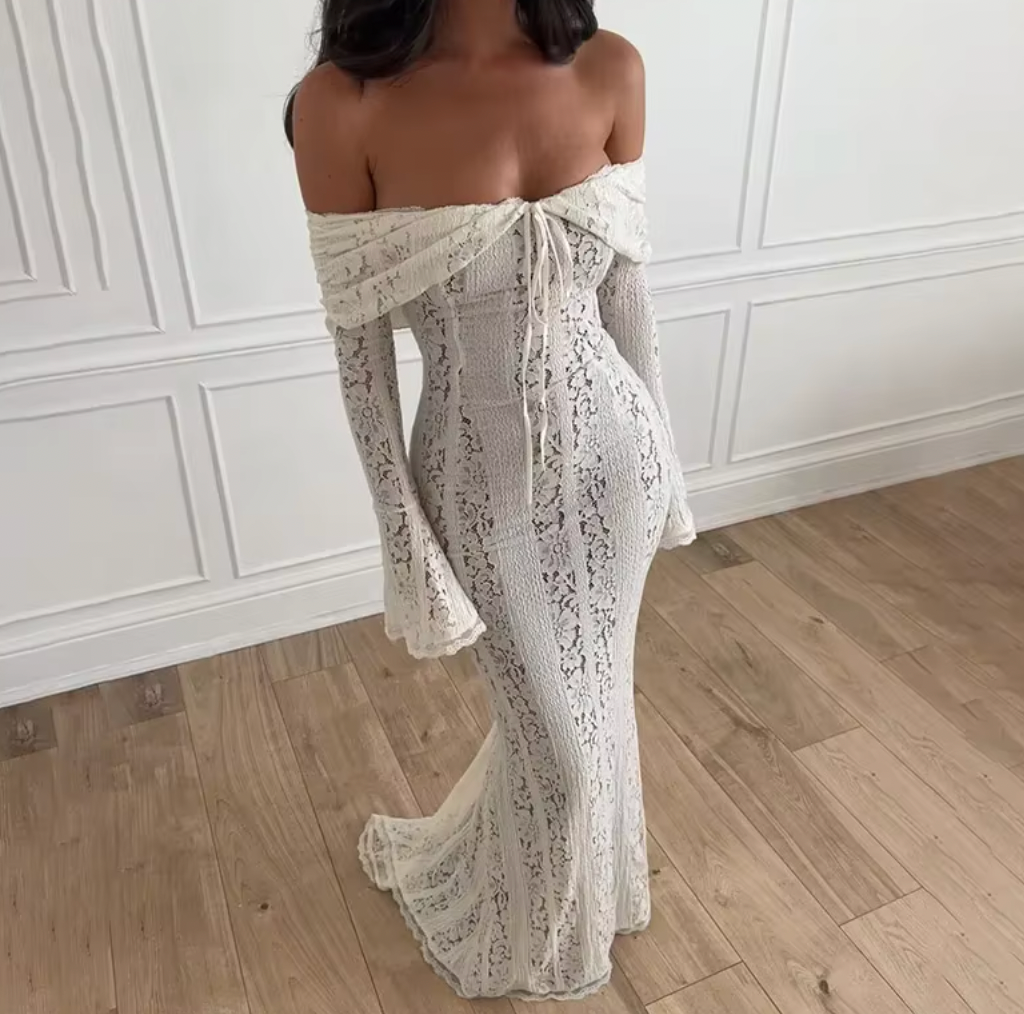 Lace Off Shoulder Long Sleeve Lace Up Bodycon Midi Dress 4