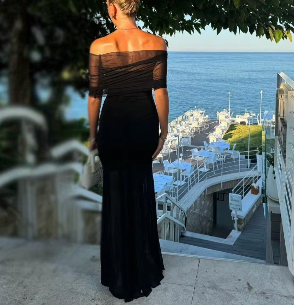 Off Shoulder Mesh Ruched Bodycon Maxi Dress 6