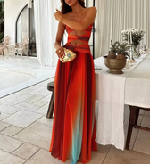 Strapless Cut Out Waist Chiffon Maxi Dress