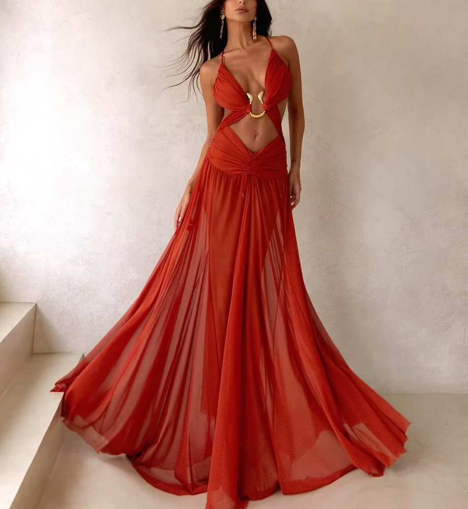 Halter Deep V-Neck Cut Out Chiffon Maxi Dress