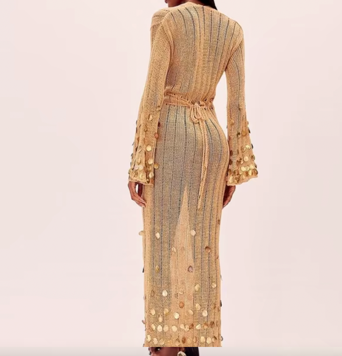 Crochet Deep V-Neck Bell Sleeve Sequin Maxi Dress 5
